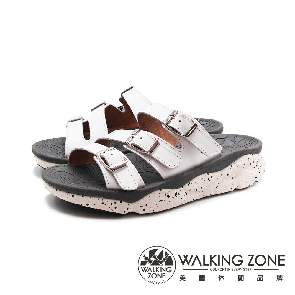 WALKING ZONE(女)三帶皮釦增高厚底拖鞋 女鞋-白色(另有紅色) 0