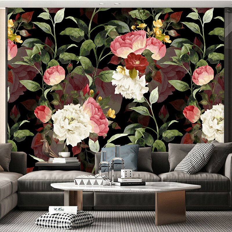 美式手繪田園復古花朵壁畫臥室餐廳壁紙客廳影視墻布電視背景墻紙