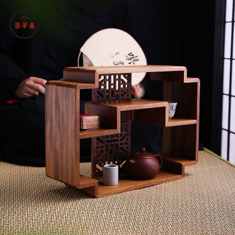 免運 可開發票 茶杯架 博古架 茶具架 茶架 黑胡桃木茶壺茶杯架子茶具收納櫃實木桌面展示架博古架小型置物架全館折扣 特價/店長優選 工廠現貨 m5425
