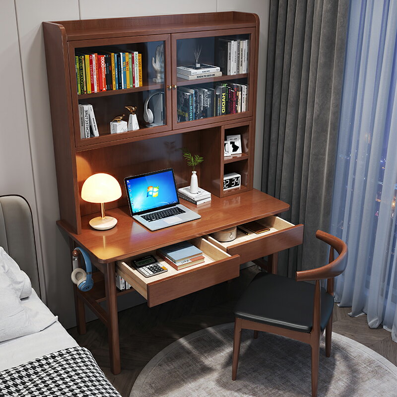 書架 ● 實木 書桌書架 一體 簡約現代辦公桌 家用 寫字桌筆記本電腦桌書櫃組合