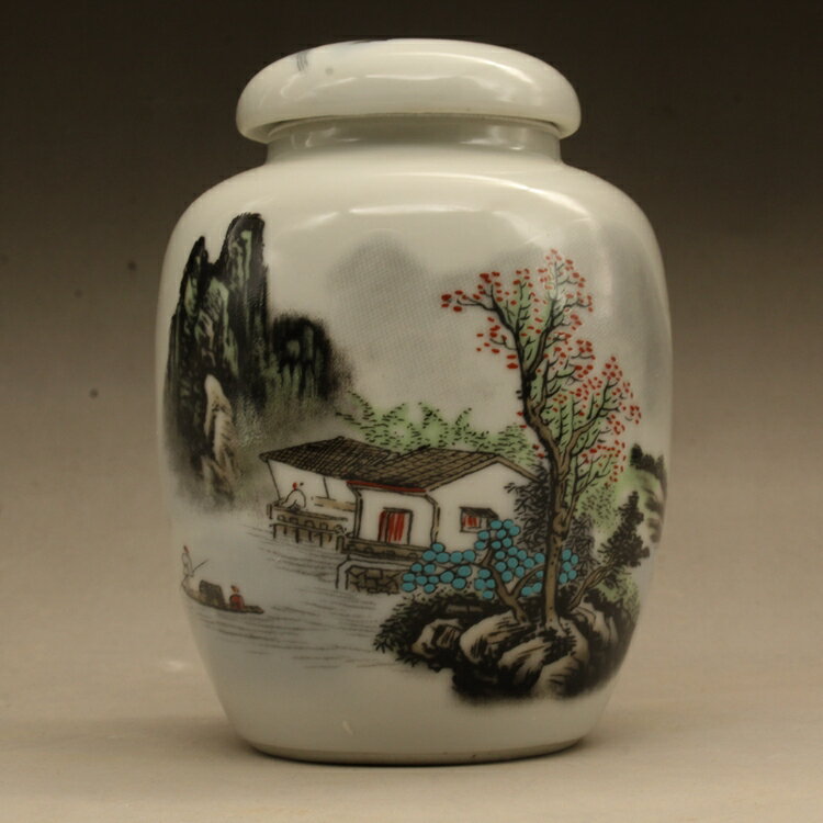 玩玉款粉彩山水紅樹小茶葉罐 古玩瓷器 古董擺件 做舊瓷器收藏