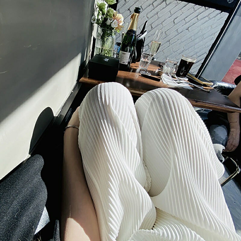 流行服飾推薦長褲高腰顯瘦百搭冰絲涼感百褶褶皺寬褲女夏寬鬆垂墜感拖地防晒蚊直筒休閒褲寬褲遮肉