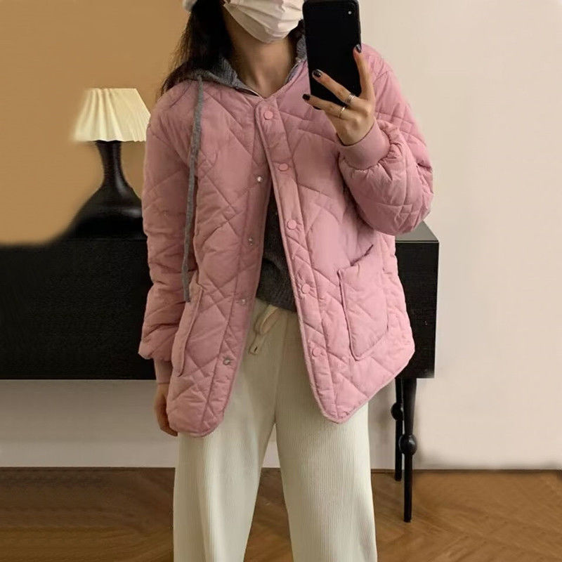 夾棉外套圓領菱形格大口袋百搭薄款棉衣女純色保暖女時尚秋冬新款【聚寶屋】