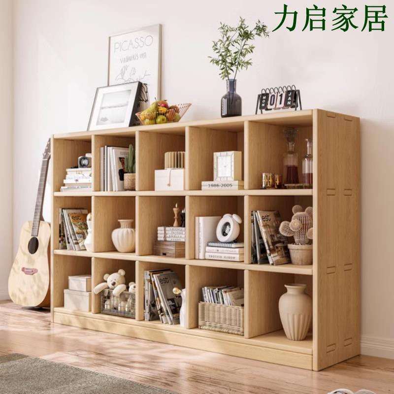 全實木書架置物架落地一體靠墻組合格子櫃客廳幼兒園家用收納書櫃