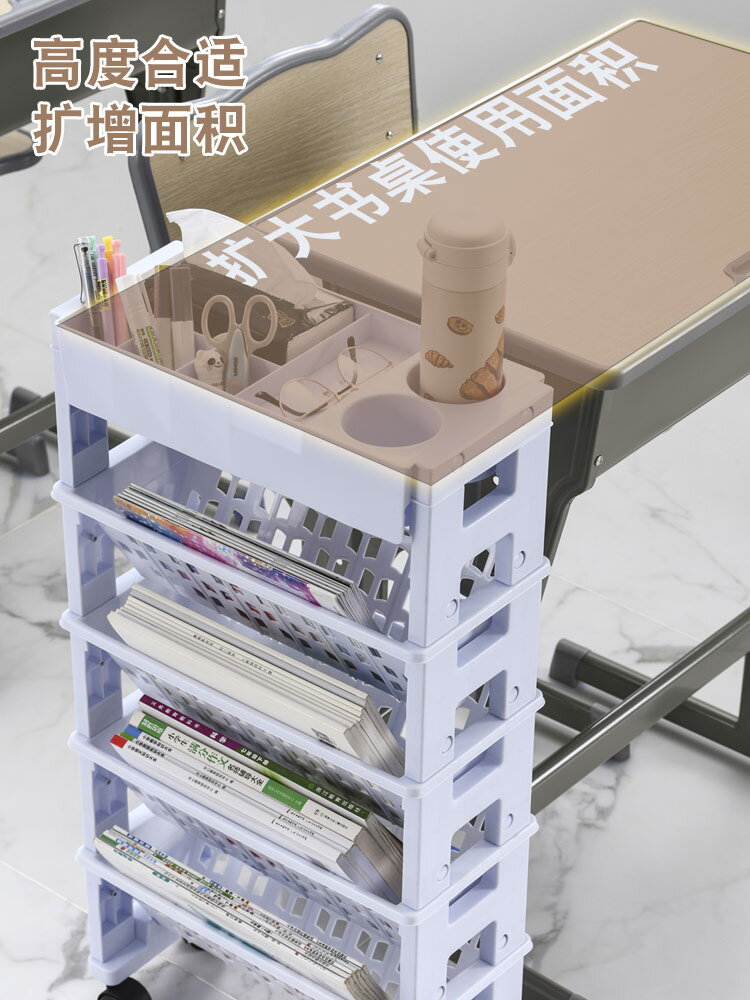 書桌旁小書架落地置物架課桌邊簡易兒童可移動帶輪書本收納書櫃子