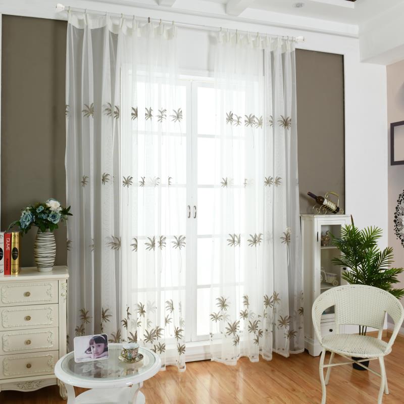 北歐客廳窗紗椰子樹現代簡約白色薄落地飄窗窗簾紗成品紗簾陽臺紗