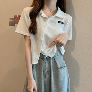 短袖t恤2022夏韓系正肩小POLO衫女設計感小眾不規則別致短款上衣