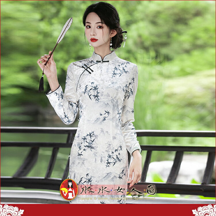 長袖改良素雅多麗絨長旗袍秋冬復古中國風優雅印花氣質年輕款少女連身裙洋裝日常可穿-風清揚-水水女人國