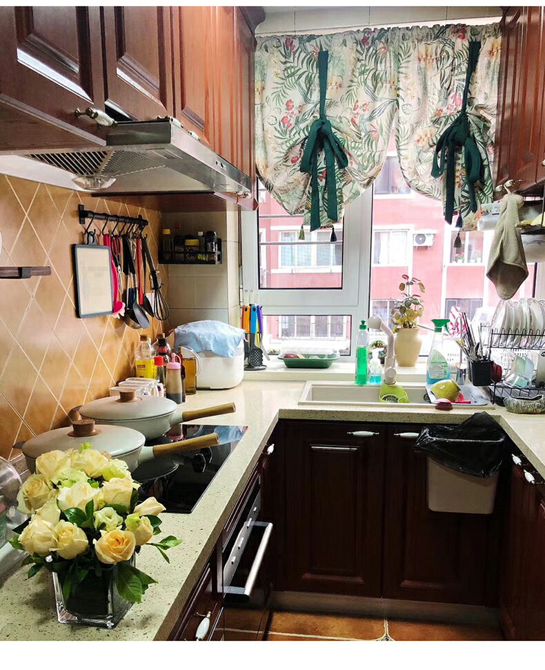 【優選百貨】窗紗簾北歐綠色幾何植物美式復古提拉簾廚房 3