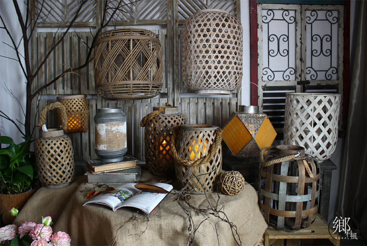 美式鄉村風格家居庭院戶外裝飾仿古做舊手工竹編鐵木工藝燈籠風燈