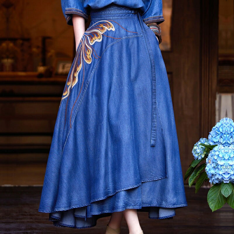 現貨+預購 新中式半身裙長裙高腰A字百褶裙子大碼洋裝休閒大尺碼女裝(馬面裙天絲牛仔裙74ku19)【獨家進口】【米蘭精品】