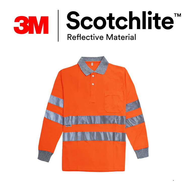 灰領螢橘反光條長袖口袋polo衫 3M Scotchlite保證 Safetylite