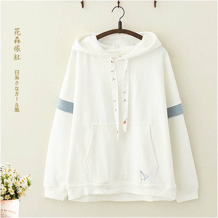 森女秋冬裝學生小清新紙飛機刺繡連帽加絨保暖衛衣少女軟萌妹帽衫