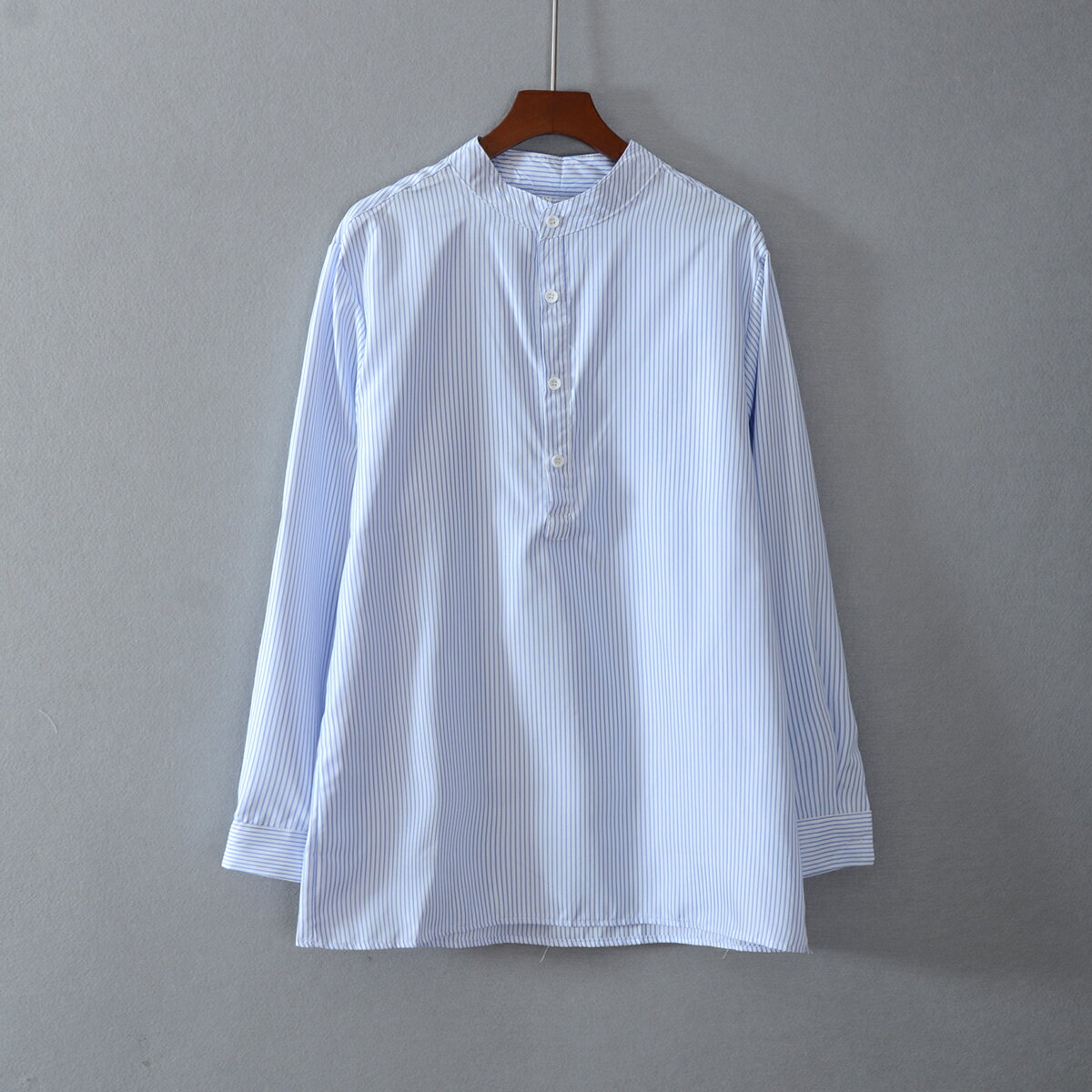 女裝直筒寬松長袖立領豎條紋套頭襯衫上衣服顯瘦潮