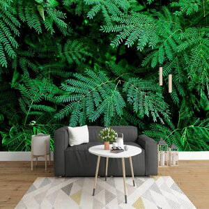 風景牆紙 背景牆貼畫 壁畫 3D現代清新綠色葉子自然風景背景牆熱帶雨林植物花卉牆紙壁畫壁紙『YJ00202』