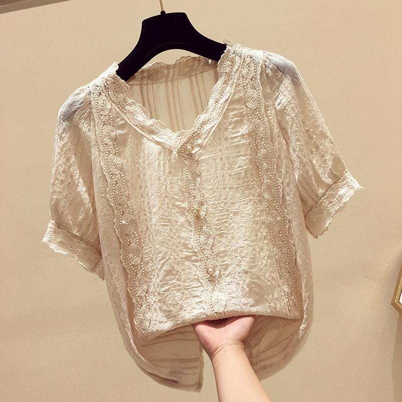 品牌折扣店正品女裝專櫃撤櫃剪標清倉洋氣V領蕾絲雪紡衫女上衣夏