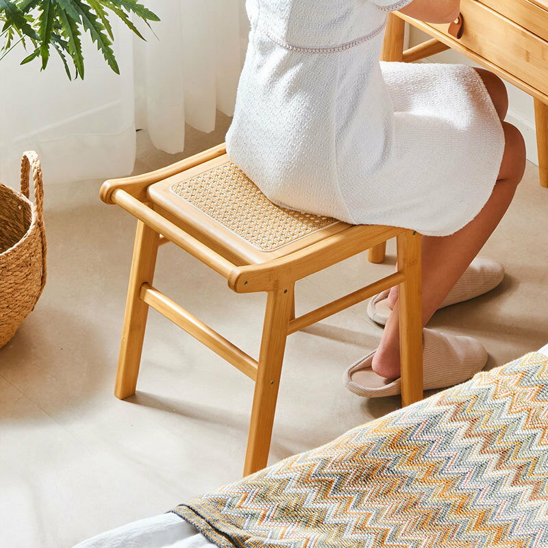 日式藤編化妝凳子家用臥室梳妝凳網紅原木風美甲店簡約小方凳新款【雙11特惠】