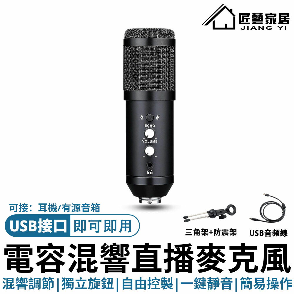 USB電容麥克風 音量調節/智能降噪/ECHO回聲/3.5mm耳機監聽孔 錄音/唱歌/直播 麥克風+腳架