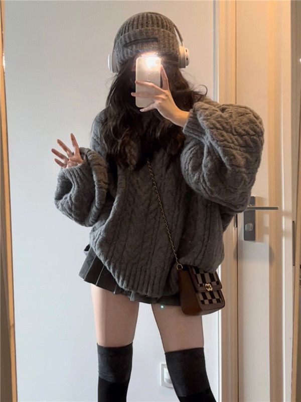 毛衣慵懶風復古加厚V領寬松灰色麻花女學生韓版百搭衫潮秋冬新款