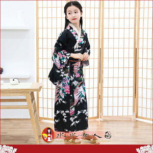 日式風情！日式小女孩和服，復古印花女童浴衣睡袍-孔雀(粉色)-水水女人國