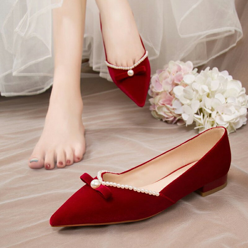 紅色婚鞋平底2021年新款新娘鞋結婚中式秀禾鞋孕婦可穿珍珠單鞋女