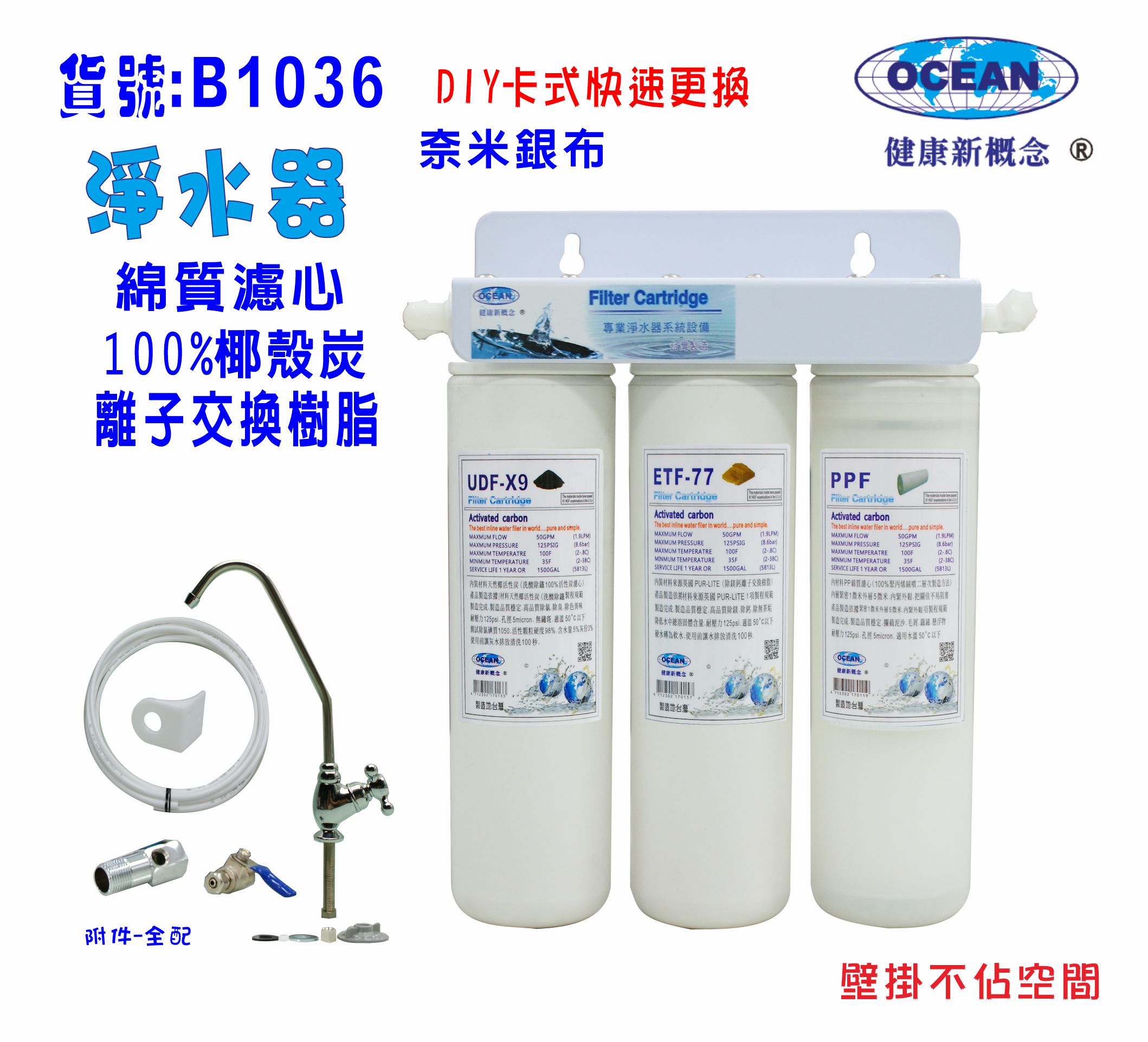 OCEAN濾心DIY快速更換卡式淨水器電解水機前置水族箱濾水器.製冰機過濾器.咖啡機貨號:B1036【七星淨水】