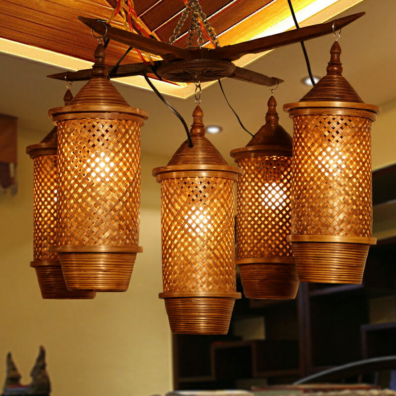 東南亞酒店餐廳創意竹編五頭枝型吊燈 客廳酒吧簡約田園燈具燈飾