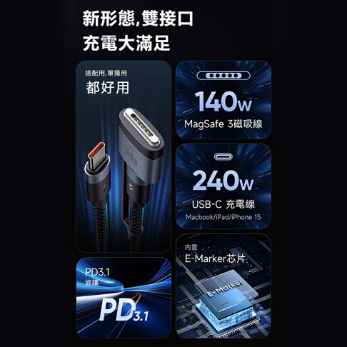 Mcdodo麥多多 閃速系列140W二合一磁吸數據線USB-C to USB-C+MagSafe3 CA014【App 4%回饋】 2