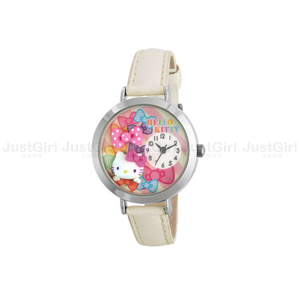 HELLO KITTY 手錶 指針式 緞帶蝴蝶結 立體雕花 皮質錶帶 配件 日本製造進口 限定販售 JustGirl