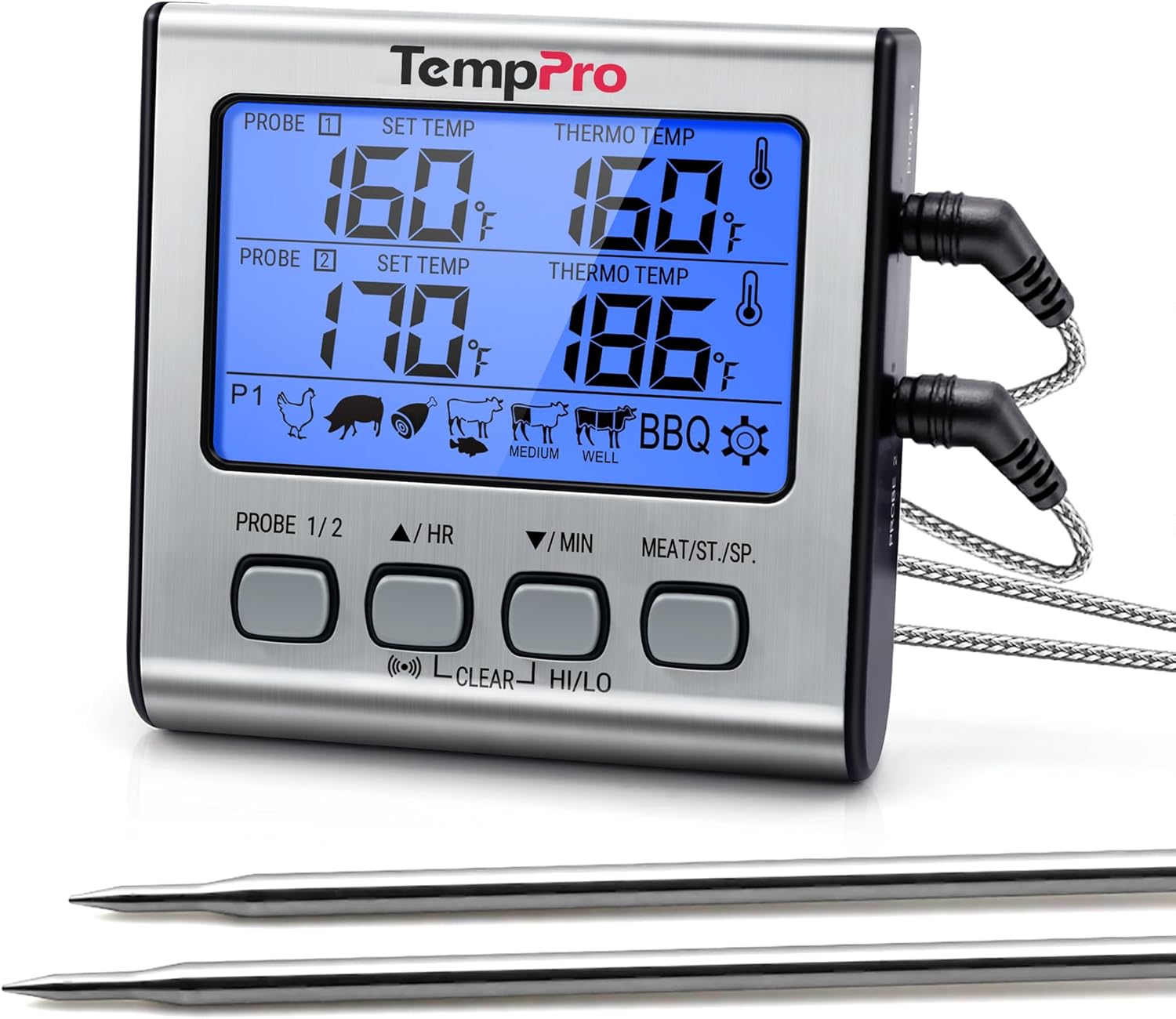 [6美國直購] ThermoPro / TempPro TP-17 2探頭 燒烤用探針式溫度計 -10-300度 溫度顯示 含計時器 背光LCD 廚房烤箱肉類BBQ Grill Thermometer (CB2)X004VAS30Z