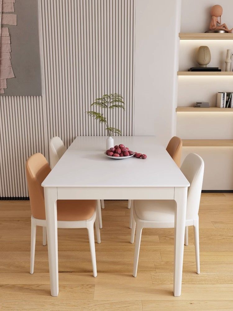 網紅白色奶油風實木巖板餐桌現代簡約家用小戶型長方形餐桌椅組合