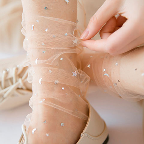 堆堆襪網紗仙女短襪女星星蕾絲襪玻璃隱形超薄透明夏季透氣可愛風