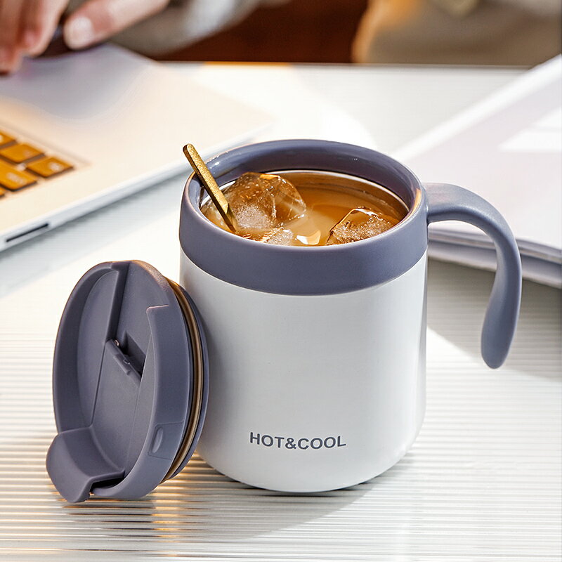 不銹鋼馬克杯帶蓋勺子保溫咖啡杯子女男生辦公室家用情侶水杯茶杯