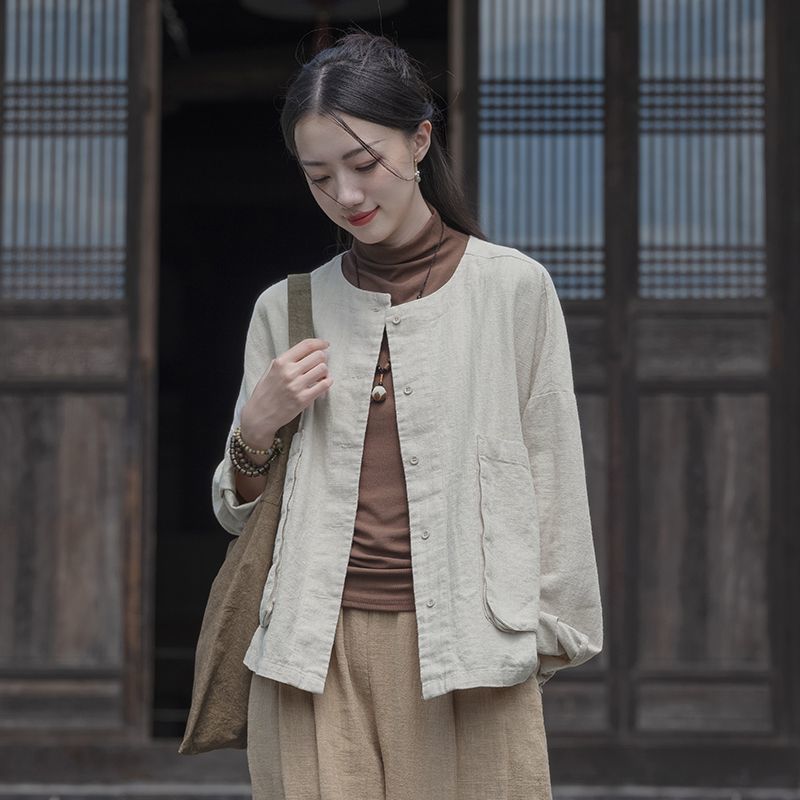大碼棉麻襯衫外套女 春夏新款棉麻女長袖開衫薴麻砂洗文藝復古上衣寬松百搭休閑外套
