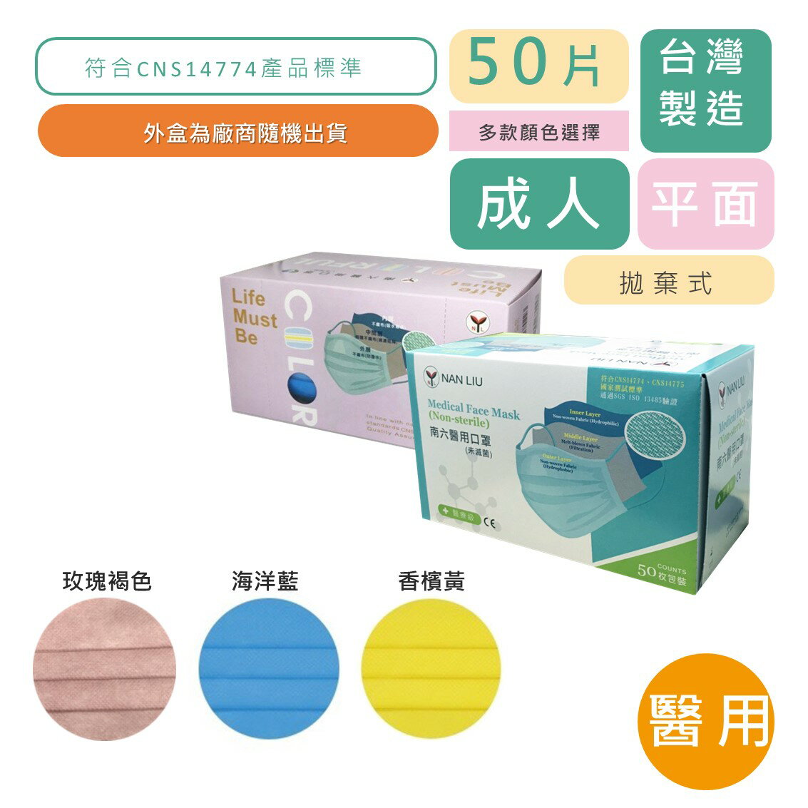 NAN LIU 南六 醫用口罩醫療級 雙鋼印 平面 海洋藍/香檳黃/玫瑰褐色 50 片/盒 符合CNS14774 公司貨【立赫藥局】
