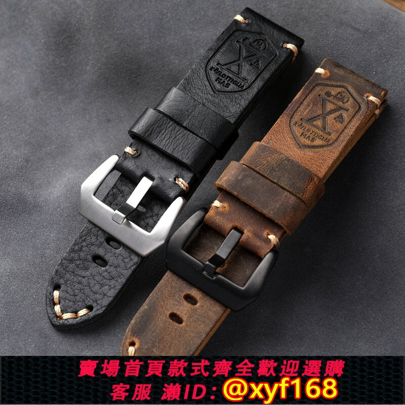 {保固一年 可打統編}手工頭層牛皮表帶20 22 24MM黑棕男真皮加厚適配青銅表胖大海復古