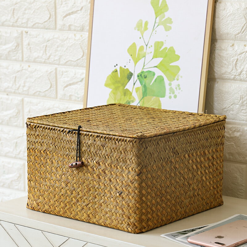 蒲草收納盒帶蓋子 大號方形化妝品整理儲物盒子 手工編織籃禮品盒