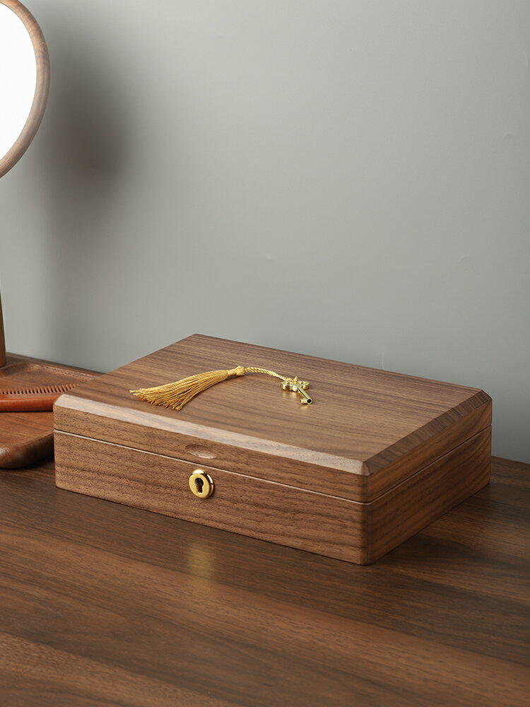 胡桃木首飾盒手裱收納盒木質高檔精致輕奢帶鎖高級實木盒黃金手飾