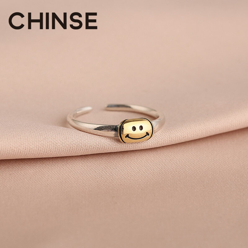 s925純銀可愛微笑戒指女氣質個性復古風做舊笑臉小眾設計感食指戒