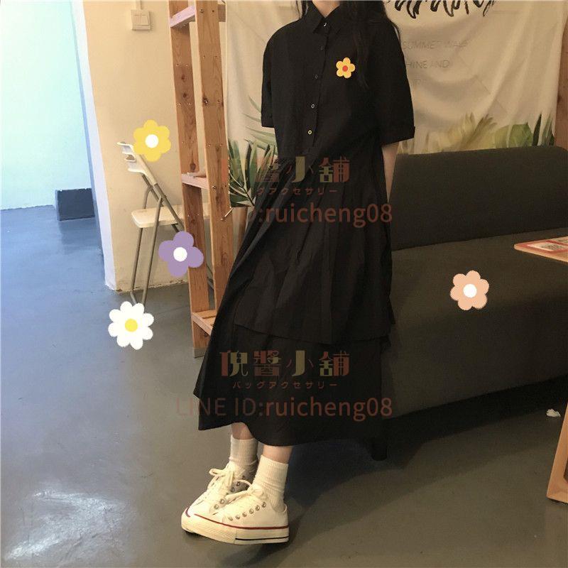 洋裝女夏裝短袖中長裙韓版顯瘦A字裙學院風時尚百搭繡花小黑裙新款【倪醬】