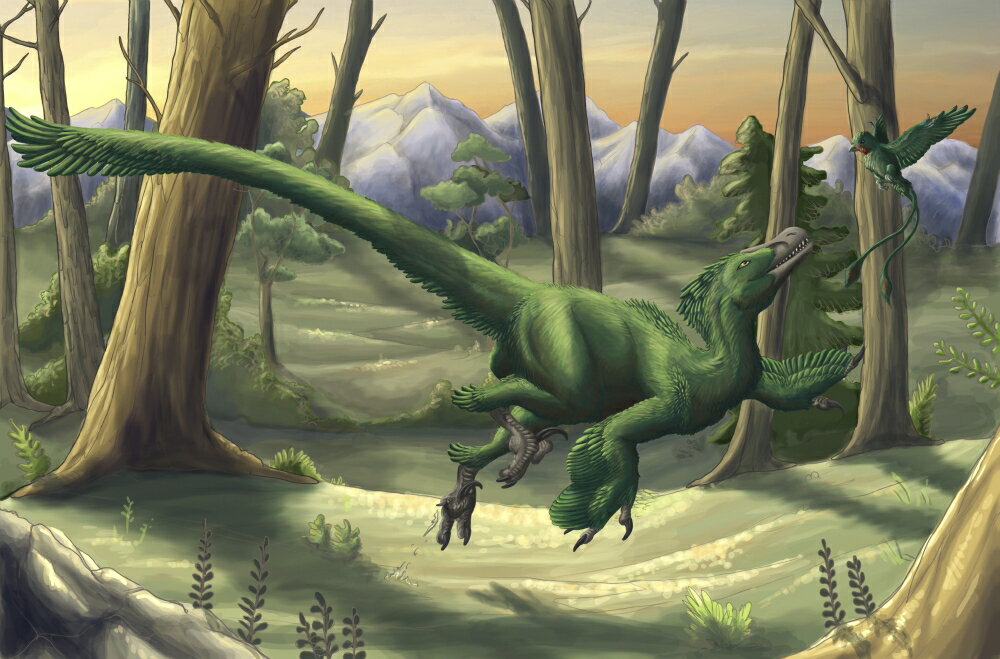 Posterazzi: A bright green Velociraptor runs through a prehistoric ...