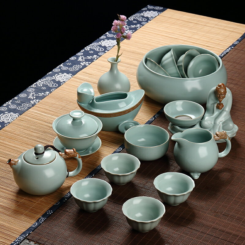 高檔汝窯功夫茶具套裝中式家用陶瓷旅行茶具茶壺茶杯汝瓷金絲開片