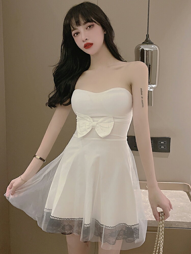 格格家 性感抹胸連衣裙夜場蝴蝶結裹胸蓬蓬裙伴娘年會小禮服短裙