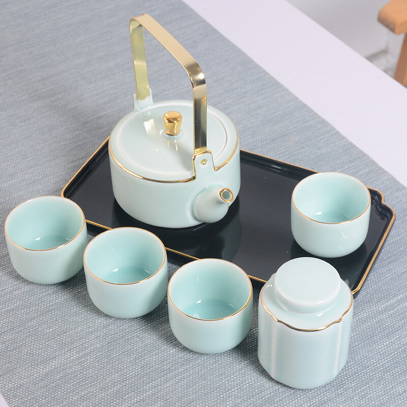 日式陶瓷提梁壺茶具干泡盤套裝簡約清新一壺四杯家用大容量泡茶壺