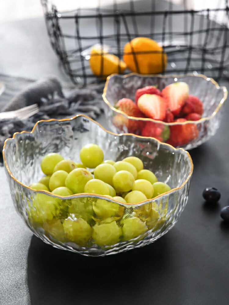 日式錘紋金邊玻璃碗透明水果沙拉碗家用餐具創意北歐風網紅甜品碗