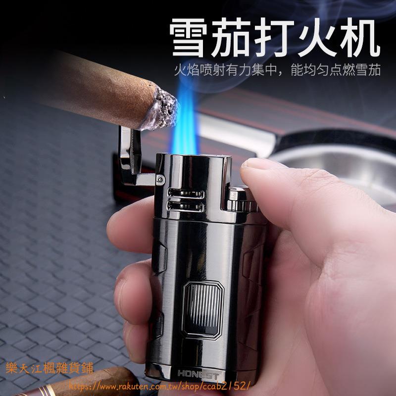 個多功能三直沖藍火充氣打火機金屬配雪茄鉆觀氣窗