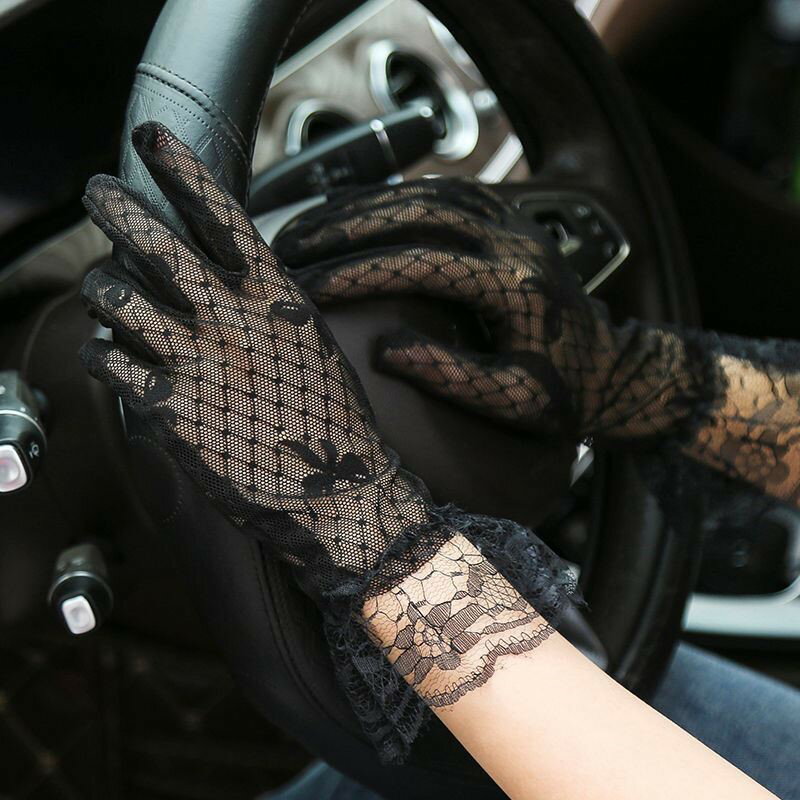 夏季女士黑色蕾絲網紗鏤空防曬手套防紫外線透氣開車騎車短薄款