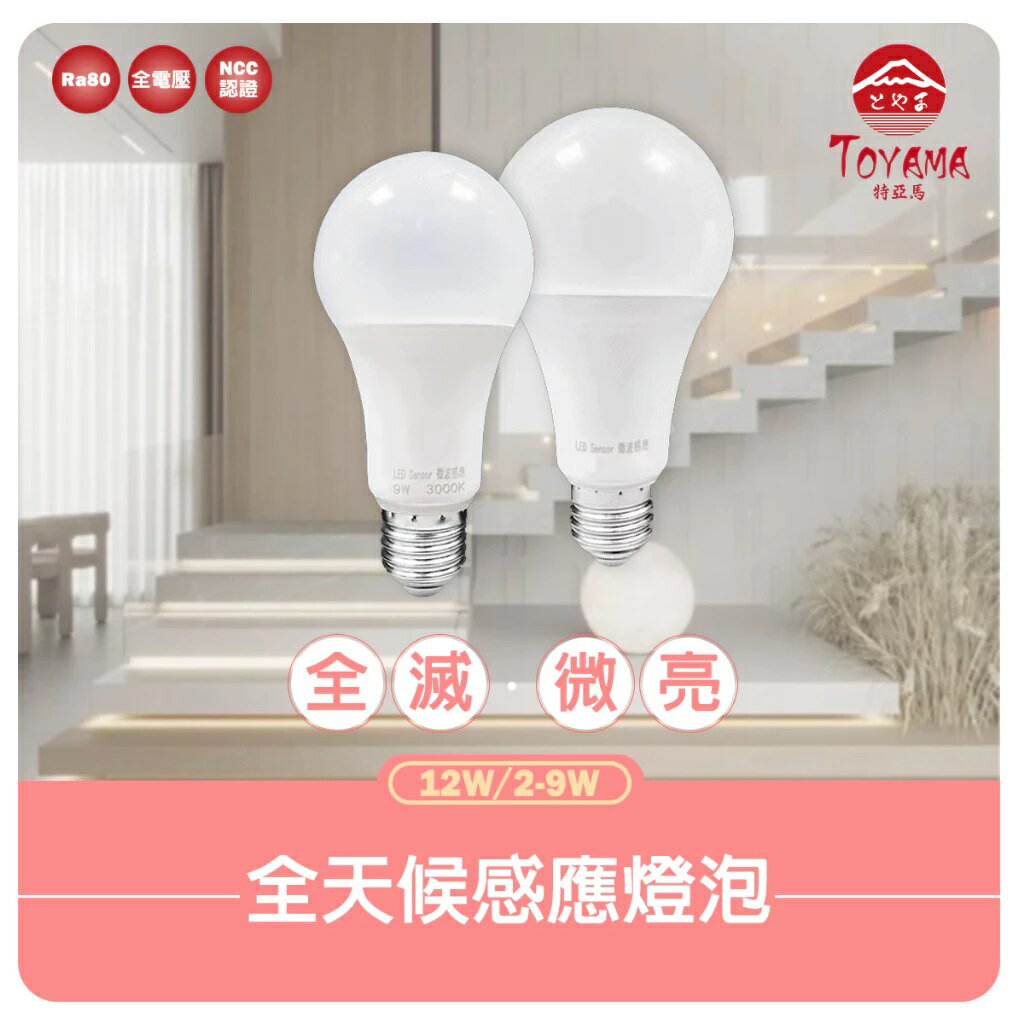 〖TOYAMA特亞馬〗LED 雷達微波感應燈泡 12W 全暗全亮型 2W – 9W 微亮全亮型 E27 全天候感應