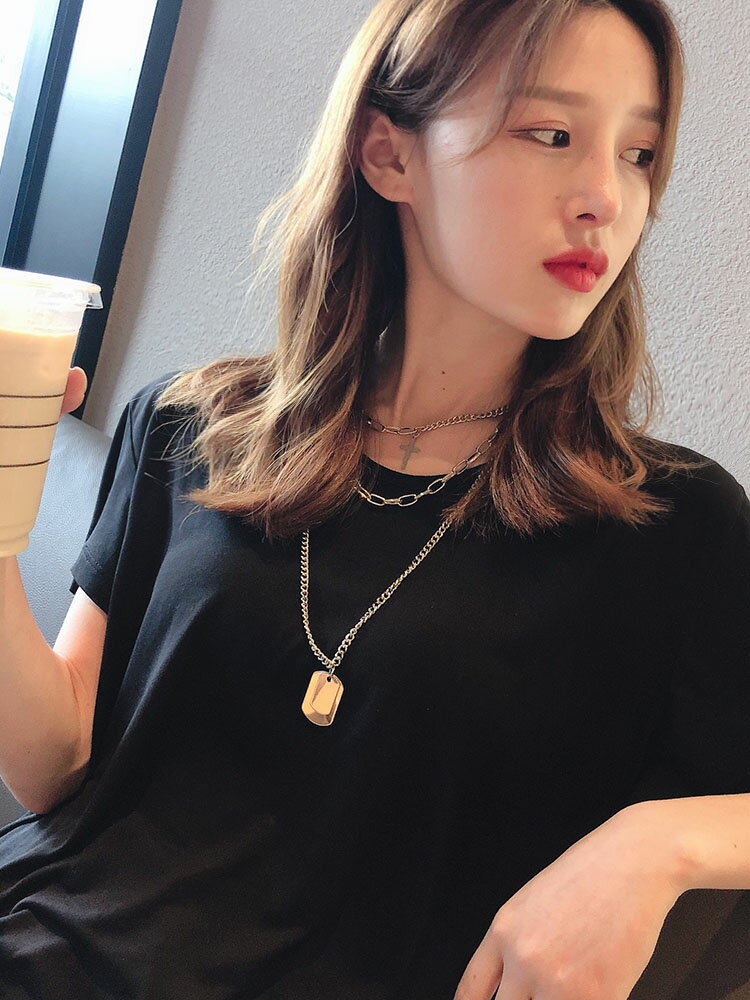 項鏈女ins嘻哈韓國原宿網紅十字架鎖骨鏈歐美街頭簡約多層毛衣鏈1入