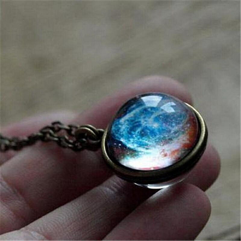 新品配飾 宇宙銀河星雲雙面玻璃球吊墜項鏈復古毛衣鏈飾品